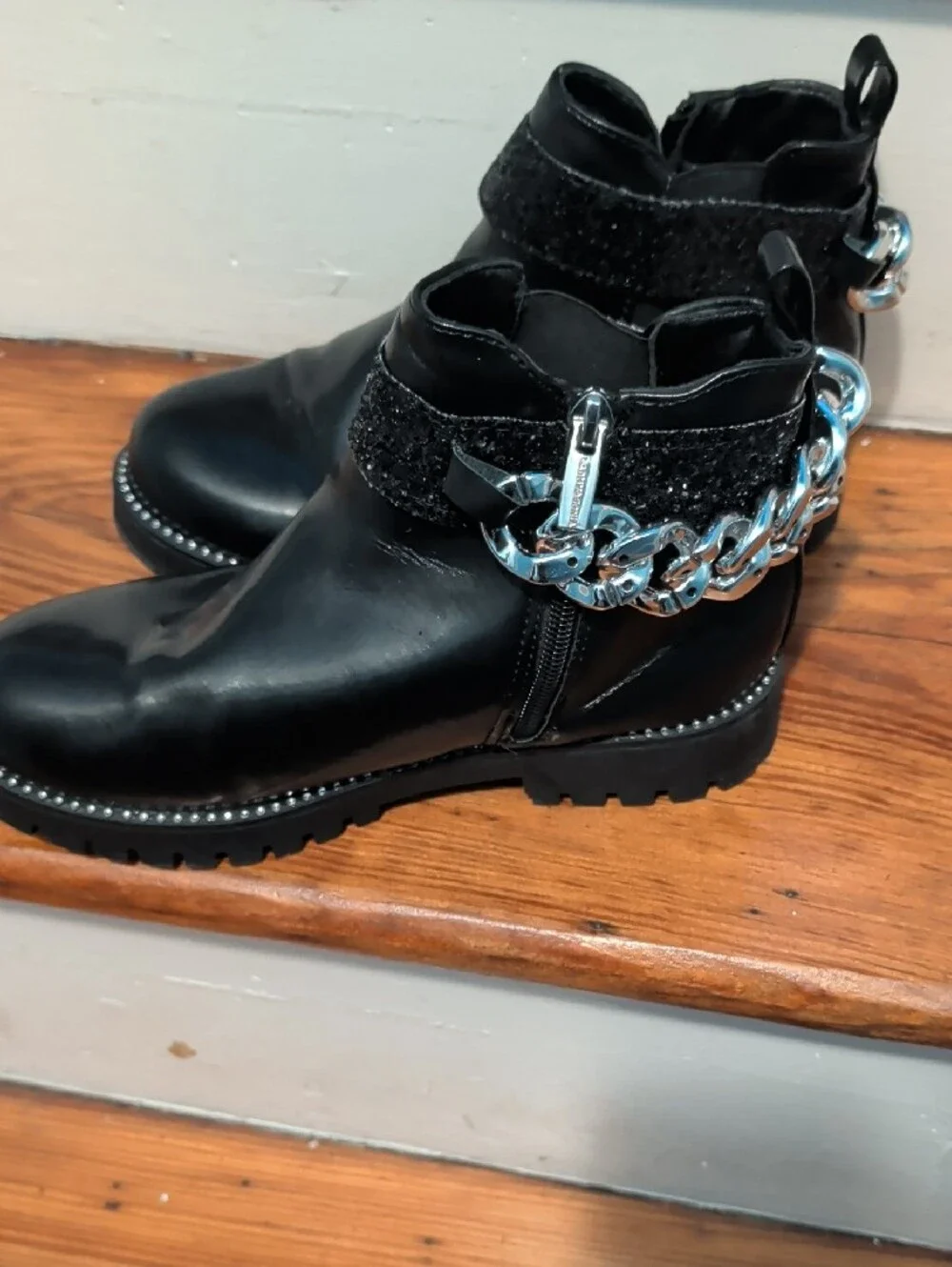 Black Kids Ankle Boots with Silver Chain Detail